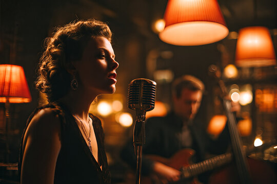 Sultry jazz vocalist performing live in an intimate retro club, vintage microphone and warm lamp glow creating moody atmosphere for a late-night performance