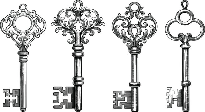 Set of vintage ornate key vector illustrations, antique skeleton keys with decorative bows and intricate engraving