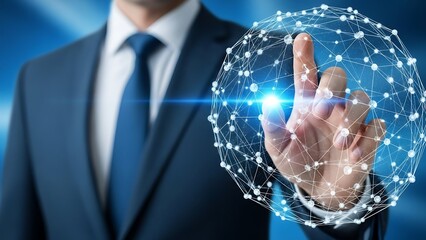 Businessman interacting with futuristic network globe technology suit hand