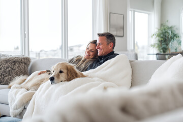 Cozy couple relaxing together on a bright modern sofa with their golden retriever wrapped in soft white blankets sharing a peaceful home moment
