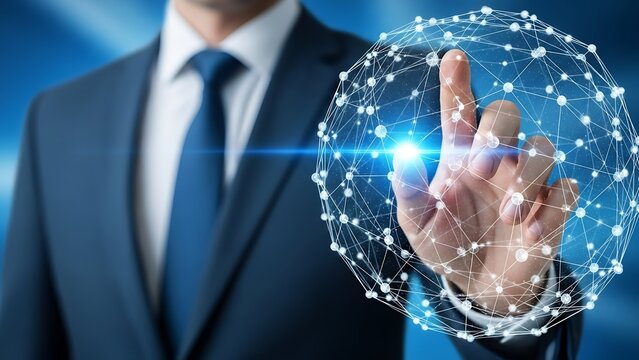 Businessman interacting with futuristic network globe technology suit hand - Powered by Adobe