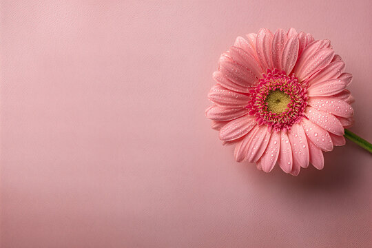 Single pink gerbera daisy with dewdrops on a pastel pink background - elegant floral close-up with ample copy space for cards, invitations, and design. - Powered by Adobe