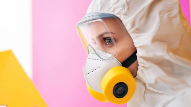 Doctor wearing a hazmat suit, respirator, and goggles, posing against a vibrant pink and yellow background