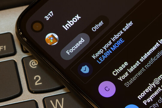 Portland, OR, USA - Jan 1, 2026: The Microsoft Outlook app UI is seen on the screen of a smartphone. Microsoft Outlook is a personal information manager software system from Microsoft.