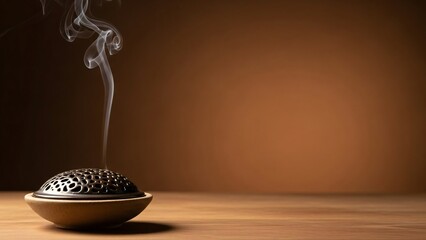 Incense burner with smoke on wooden table against brown background