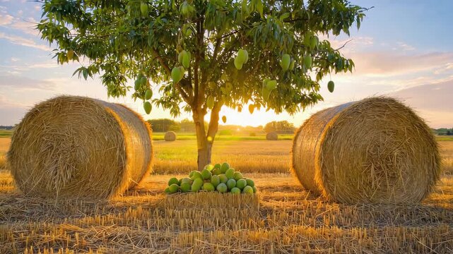 Mango Tree in Farmland at Sunset