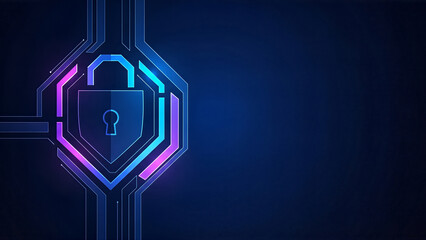Digital shield lock with glowing blue and purple circuit board lines on dark blue