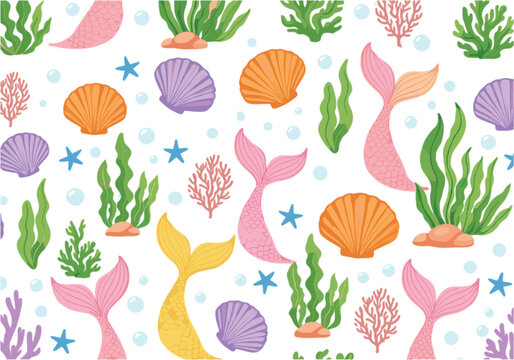 Seamless pattern with pink and yellow mermaid tails seashells starfish seaweed and coral reef elements for nautical children wallpaper background flat vector illustration.