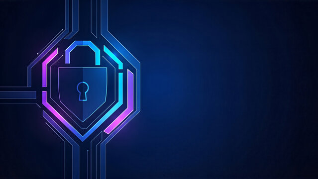 Digital shield lock with glowing blue and purple circuit board lines on dark blue - Powered by Adobe