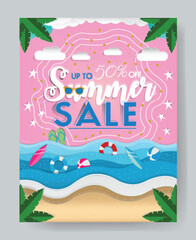 Abstract summer vector poster beach paper cutout tropical ocean waves palm leaves  holiday promotion design template. Pink sky, fluffy clouds and a tropical beach ocean waves, surfboards, beach ball.