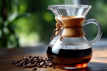 Steaming Pour Over Coffee and Beans on Wooden Table