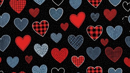 A vibrant and playful pattern featuring a variety of hearts in red blue and checkered designs on a black background