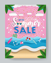Abstract summer vector poster beach paper cutout tropical ocean waves palm leaves  holiday promotion design template. Pink sky, fluffy clouds and a tropical beach ocean waves, surfboards, beach ball.