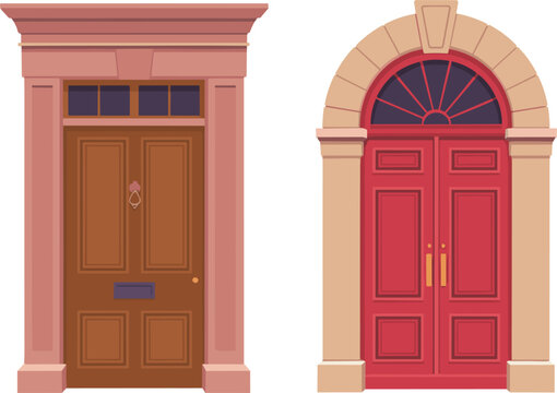 Set of vintage front door vector illustrations, classic wooden entrance with transom window and arched red door with stone frame
