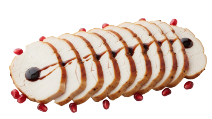 Sliced chicken breast with balsamic glaze and pomegranate seeds culinary presentation