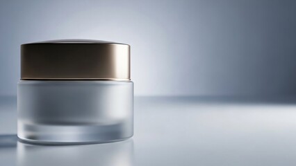Luxury cosmetic jar mockup with gold lid on reflective surface