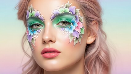 Woman with artistic floral face paint and pink hair