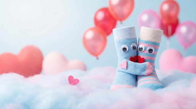 Surreal silliness of animated socks embracing each other in a dreamy cloudy atmosphere surrounded by colorful balloons for playful and whimsical imagery