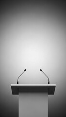 Podium with two microphones on a gray background