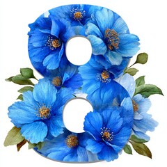 The number 8 consists flowers in watercolor style with space for text on white background	
