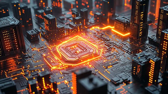 High-angle static shot of a futuristic city built on a glowing motherboard.
