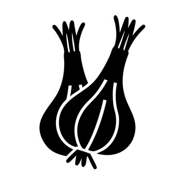 Black silhouette icon of two fresh onions or shallots with roots and tops, a culinary vegetable graphic
