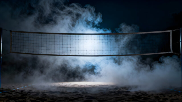 Volleyball net on sandy beach court at night, dramatic smoky atmosphere with bright spotlight, mysterious ambiance, ready for tournament or beach event, moody lighting