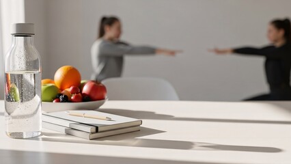 Water bottle and notebooks on table near yoga room