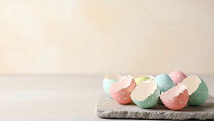 Pastel colored broken easter eggs on stone slab with copy space