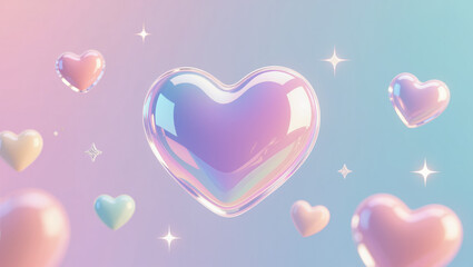 A large glossy iridescent heart floats among smaller hearts on a soft pastel gradient. Gentle sparkles, liquid reflections, modern romantic Valentine’s composition with copy space.