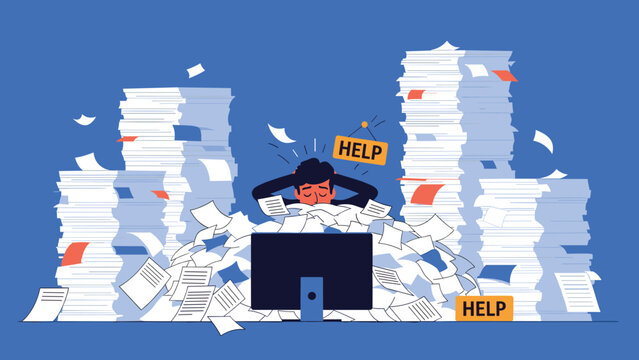 Overwhelmed office worker is buried under massive mountains of documents and papers while asking for urgent help.