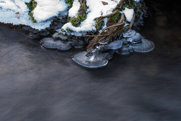 Zimowy strumień z lodem i soplami w chłodnej tonacji © Elżbieta Kaps