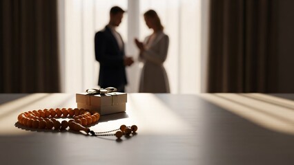 Wedding rings and amber beads on table with couple in background