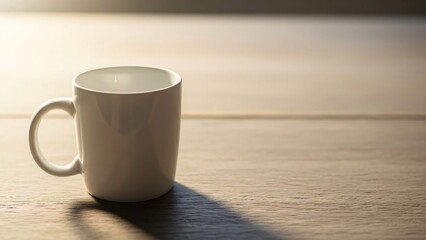 White coffee cup mockup on wooden table with morning sunlight shadow