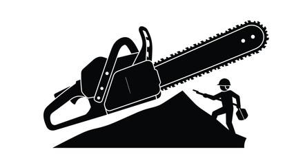Surreal black silhouette showing a massive chainsaw looming over a small mountain with a tiny lumberjack figure.