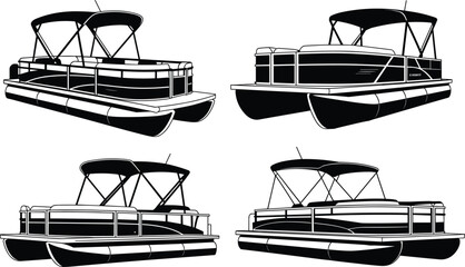 Set of pontoon boat silhouettes, black and white vector icons of motorized leisure deck boats for lake and river recreation © MdMajnur