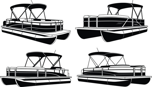 Set of pontoon boat silhouettes, black and white vector icons of motorized leisure deck boats for lake and river recreation