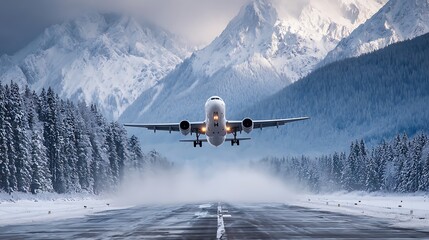 Airplane taking off from a snowy runway with majestic, snow-capped mountains in the background