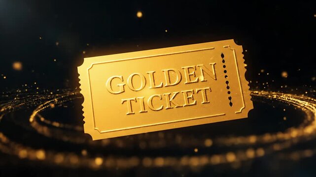 A gleaming golden ticket floating amidst a swirling aura of golden lights on a dark background