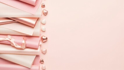 Soft pink background with rose gold hearts and satin ribbons