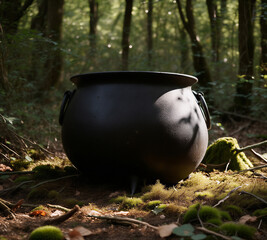 cauldron on fire. pot with gold coins. cast iron cauldron isolated. Witch cauldron isolated on white - 3d illustration 