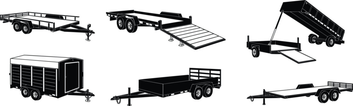 Set of utility trailer silhouettes, black vector icons of flatbed, enclosed cargo, and hydraulic dump trailers for transport