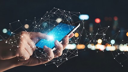 Hands holding smartphone with glowing blue network connections cityscape