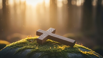 Wooden cross in sunlit forest
