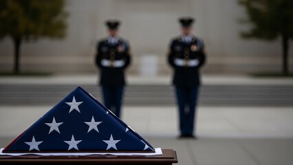 American flag on casket with honor guards standing at attention