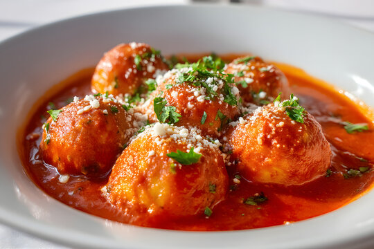 Close-Up High Angle View of Delicious Bollos Pel in Tomato Sauce Garnished with Fresh Herbs and Cheese