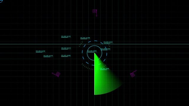 High-Tech Tactical Display HUD Rotating Data Rings Pulsating Target Reticle Sweeping Orbital Radar Hex Codes Flicker Loop 4K UHD ProRes 422 HQ