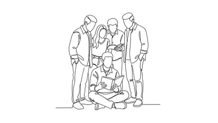 Continuous line drawing of a group of six people gathered around, one person sitting on the floor reading a book while others stand and look on