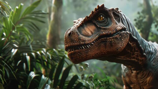 Velociraptor in misty jungle, looking alert and ready to run or hunt. Part of the prehistoric world.