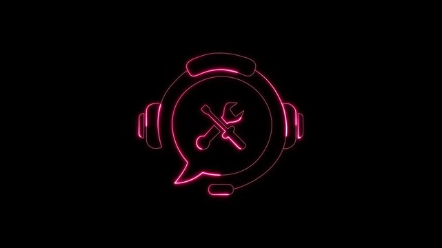Neon Blue Headset Icon with Chat Bubbles on Black Background Abstract Communication.Glowing neon line Headphones with speech bubble icon isolated on black background. Support customer.4K